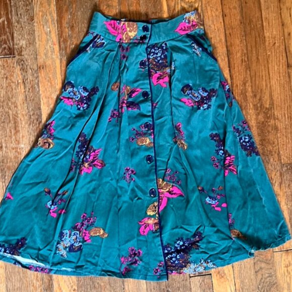 Modcloth Sold Out Teal Floral Midi Skirt w/ Pockets Sz S - Picture 1 of 7